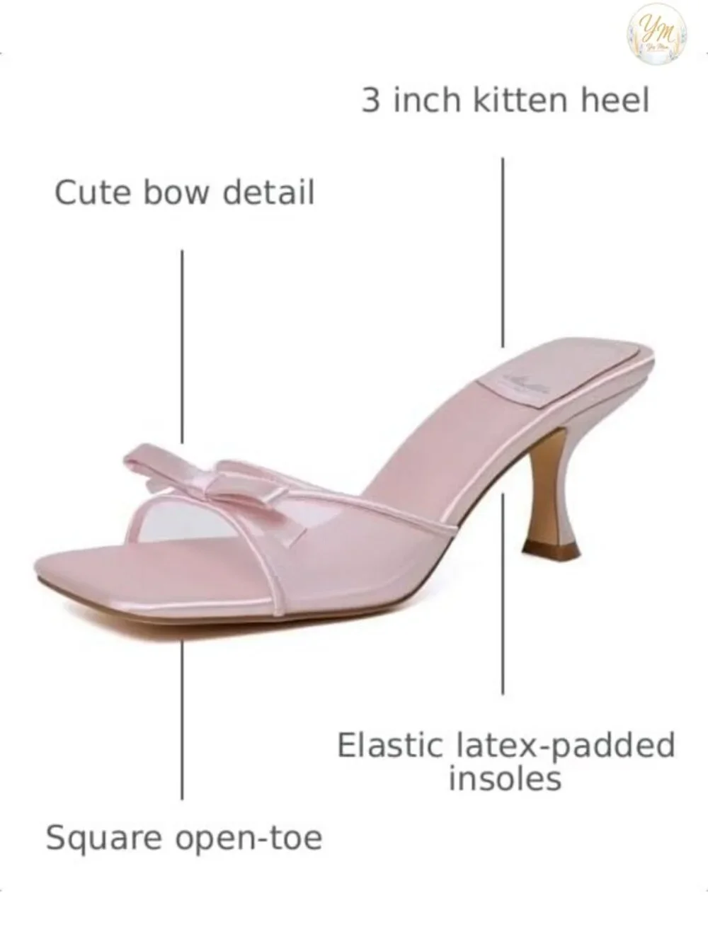 Kitten Heels for Women Round Toe Bow Vintage Mules Slip on Stiletto Backless